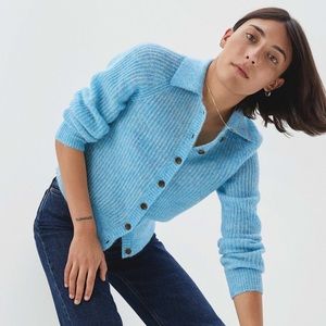 Everlane Alpaca Collared Button-down Sweater, Blue, size L